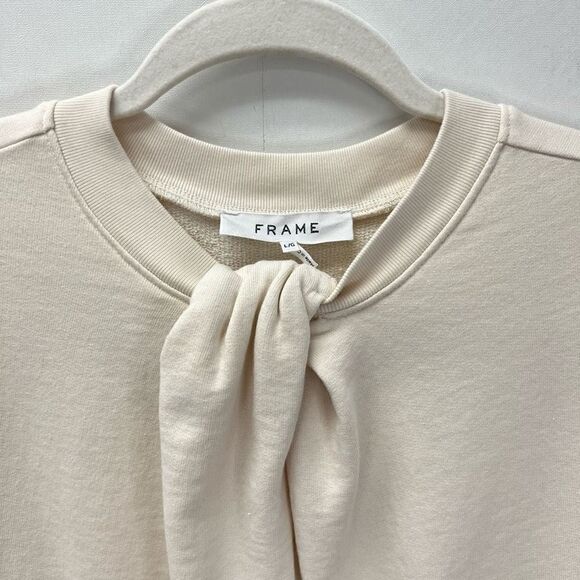 Frame Women’s Large Gathered French Terry Cotton Crewneck Sweater Ivory Bone - Picture 3 of 15